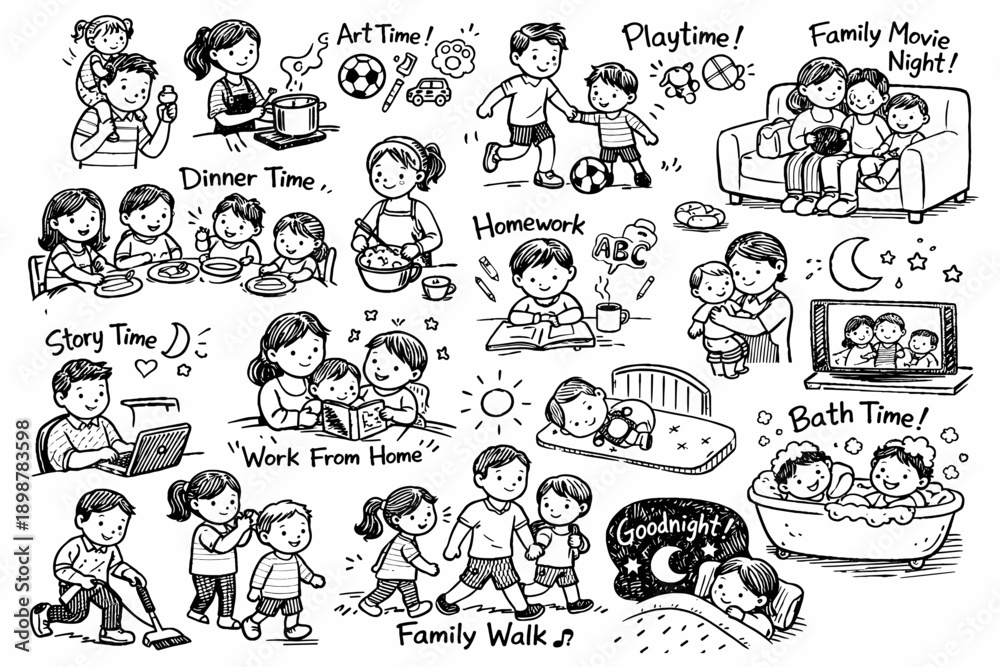 Fototapeta premium Family activities at home: play, work, study, relax - diverse illustrated scenes