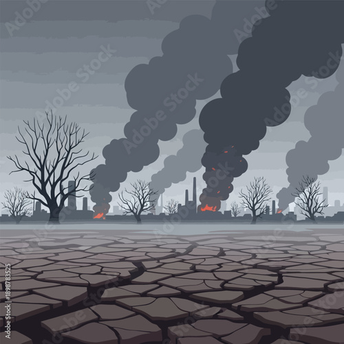 A desolate landscape with cracked earth and bare trees, overshadowed by polluting factories emitting thick smoke and fires under a grey sky, symbolizing environmental destruction.