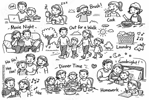 Caucasian family daily activities: cooking, walking, and quality time together with children