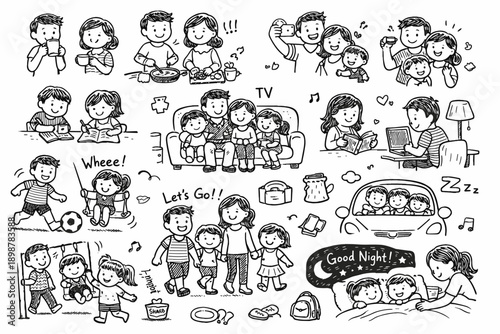 Cartoon family scenes: daily life, activities, and bonding moments