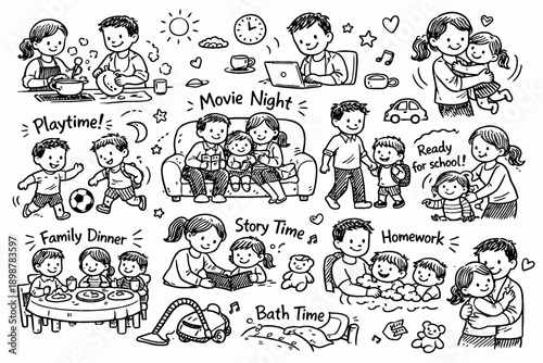 Doodle illustrations of family activities with children in everyday life