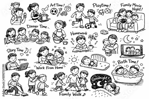 Family activities at home: play, work, study, relax - diverse illustrated scenes