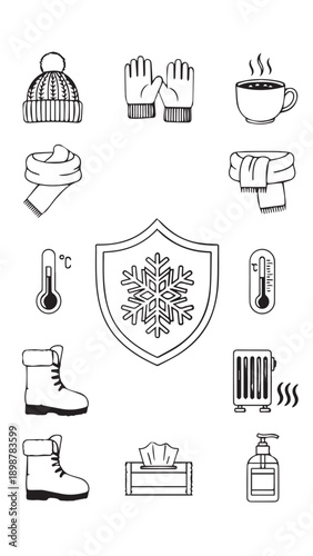 Collection of winter accessories and cozy items including hat, gloves, scarf, boots, socks, mug and shield emblem.