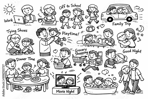 Everyday family life black and white illustrations - school work playtime and more