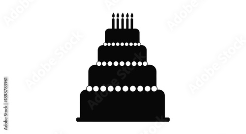 A black silhouette of a tiered birthday cake with lit candles