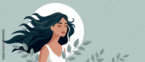 Beautiful woman with long flowing hair on the background with leaves. Illustration, banner, card.