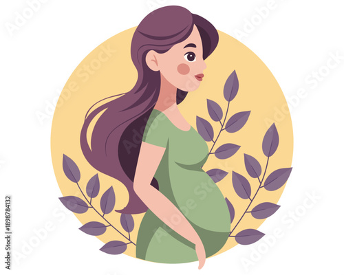 Portrait of an expectant mother with flowers on pink background with leaves. Pregnant woman illustration.