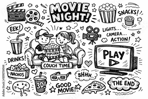 Cartoon movie night with kids popcorn couch tv snacks drinks playful doodles