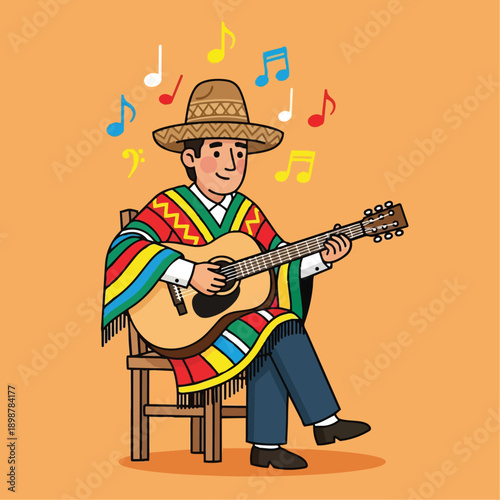 Colorful illustration of smiling man wearing sombrero and poncho playing acoustic guitar sitting on wooden chair with musical notes