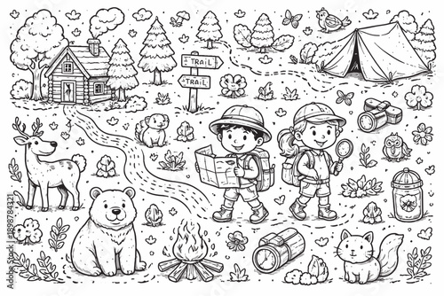 Young children on forest adventure trail with animal friends and camping gear