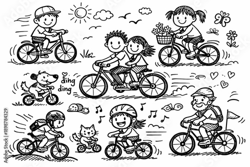 Cartoon style children and adults riding bicycles outdoors
