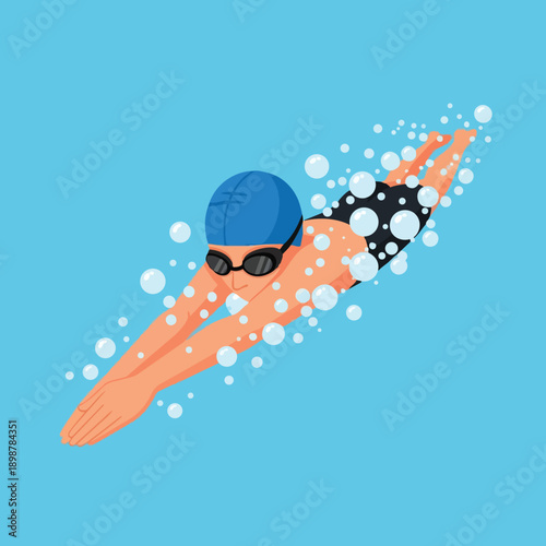 Minimalist vector art of swimmer wearing blue cap and black goggles diving underwater surrounded by bubbles in pool