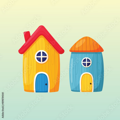 Colorful cartoon style two small wooden houses with red roof yellow door and blue roof blue door front view