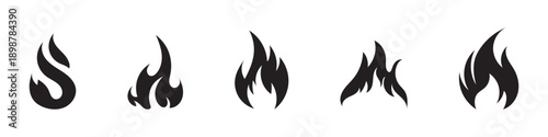 Black burning flame vector icon collection. Set of simple flat fire silhouettes, hot energy and blaze pictogram symbols isolated eps