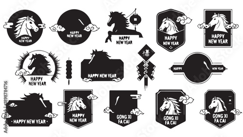 Collection of New Year celebration badges and stickers in black and white vector silhouettes.