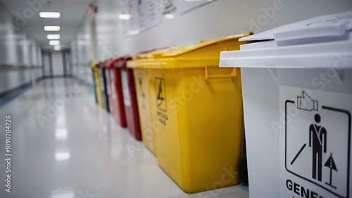 Closeup of general waste bin in a hospital zone sharply detailed with blurred medical waste bins in background emphasizing segregation and environmental care.