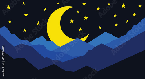 Night landscape with crescent moon and stars