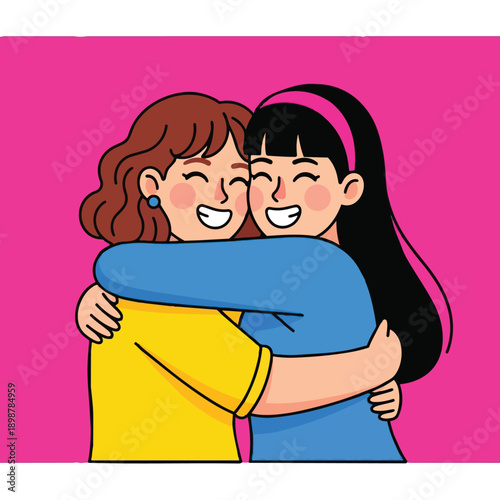 Flat design close up of two smiling women hugging each other with eyes closed on bright pink background cheerful mood illustration