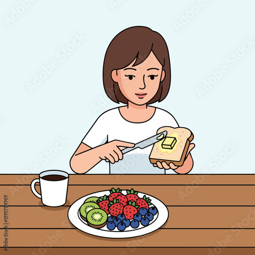 Vector flat design of woman spreading butter on toast with fresh fruit plate and coffee cup at wooden table