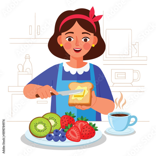 Flat design smiling woman spreading butter on toast with fresh fruit plate and hot coffee cup in kitchen interior