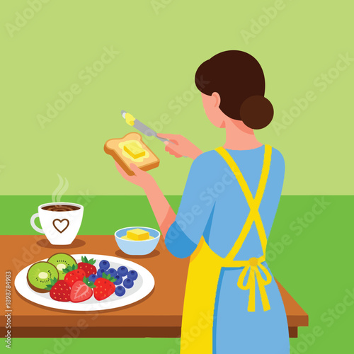 Flat design woman in yellow apron spreading butter on toast with knife by table with coffee and fresh fruit plate bright background