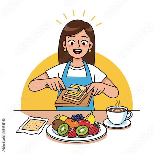Happy woman in blue apron spreading butter on toast preparing breakfast with fresh fruit plate and hot coffee in colorful flat design