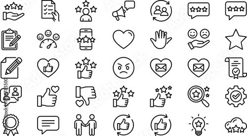 Customer feedback icons, review symbols, satisfaction tools, communication graphics, rating elements, service quality visuals, approval signs, vector line set