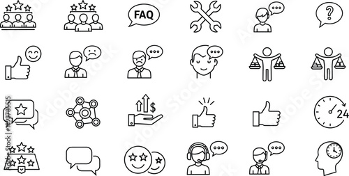 Customer service icons, communication support, feedback symbols, professional interaction, FAQ design, rating review, headset support, teamwork, fairness balance, satisfaction