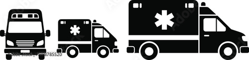 Emergency ambulance vehicle silhouette vector set, medical transport van icons with front and side views, healthcare rescue ambulance car for first aid