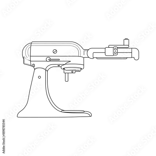 Minimalistic linear illustration of a kitchen mixer with a pasta attachment, isolated on a white background. Kitchen appliance outline for kitchen equipment icons, recipes, and home cooking concepts.
