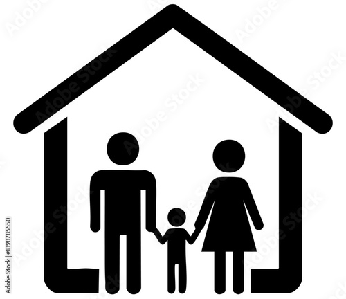 Simple black and white icon representing a nuclear family protected safely under a roof structure