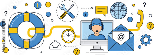 Customer support icons, technical assistance, help desk tools, global communication, service interface, troubleshooting symbols, contact center, online help, support agent, connectivity