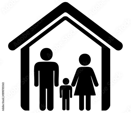 Simple black icon representing a nuclear family safely sheltered beneath a stylized house roof outline