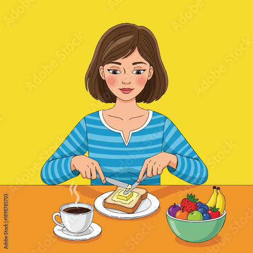 Colorful illustration of smiling woman in blue striped shirt spreading butter on toast with cup of coffee and fruit bowl on table against yellow background