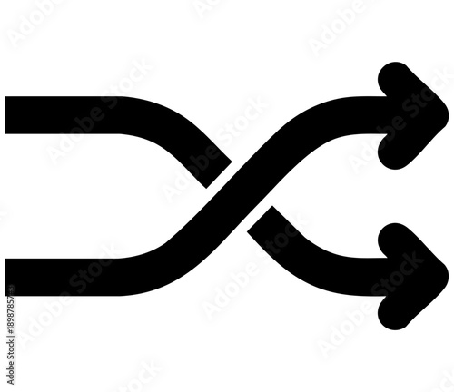 Black stylized icon representing a music shuffle or random playback function with two crossing arrows