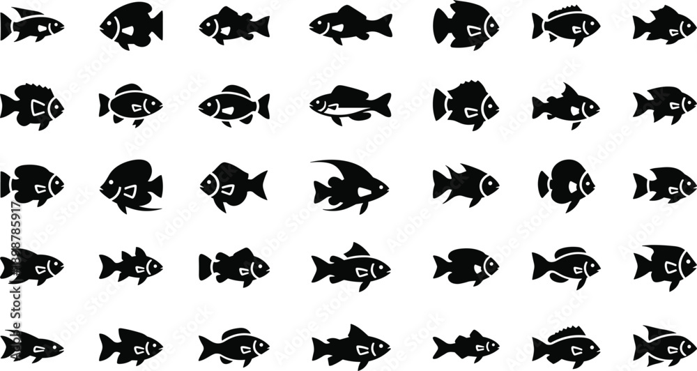 Fototapeta premium Multiple black fish silhouettes swimming in different directions on white background
