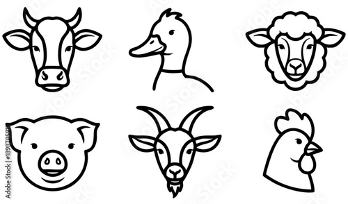 Collection of six simple black outline icons representing various common farm animals for agricultural design projects.