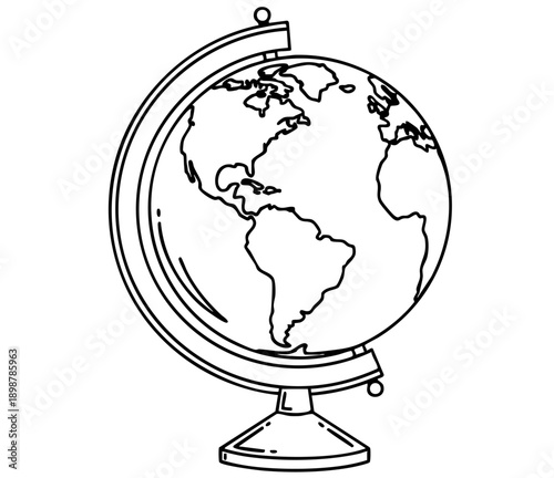 Simple black line art drawing of a desktop globe model showing continents for educational purposes