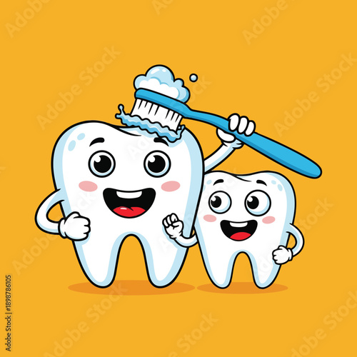 Cute cartoon teeth characters brushing together with blue toothbrush and bubbly foam on bright orange background