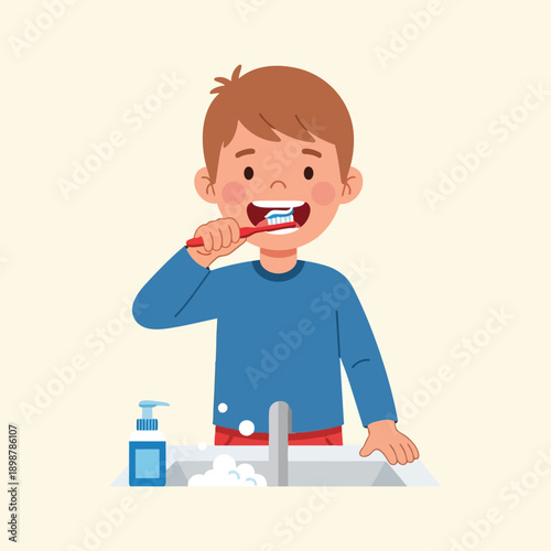 Flat design smiling boy brushing teeth at bathroom sink with blue shirt red pants soap dispenser and bubbles