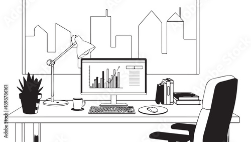 Minimal black and white office desk with computer, books, and cityscape artwork.