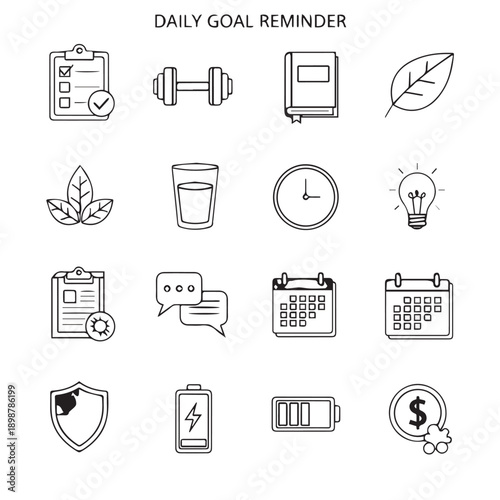 Collection of Daily Life Icons Featuring Calendar, Coffee, Clock, Light Bulb, Leaf, and Chat Elements.
