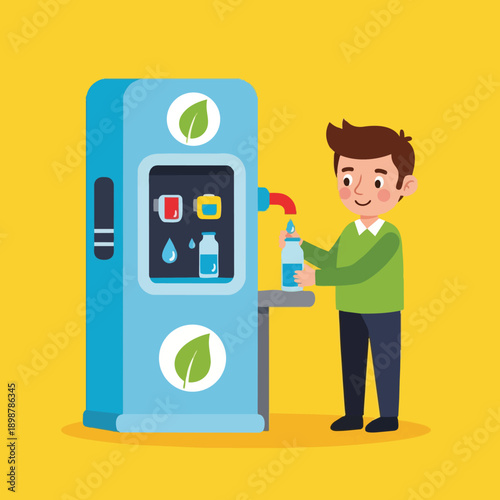 Colorful vector art of smiling boy filling water bottle at eco friendly water dispenser with leaf symbols on yellow background