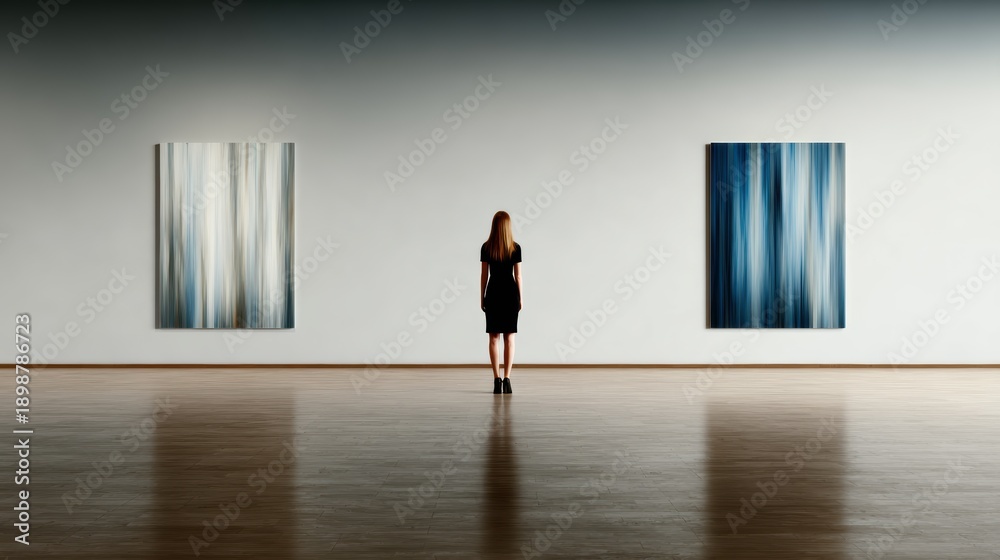 Obraz premium A solitary figure stands before two abstract artworks in a minimalist art gallery, lost in thought and contemplation, emphasizing the introspective and emotional connection to art.