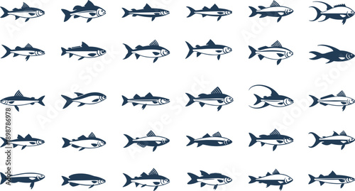 Multiple fish silhouettes in various swimming positions on white background