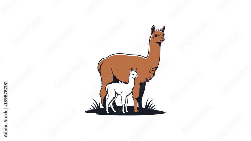 Naklejka premium A commercial vector silhouette of an alpaca and cria, grazing peacefully in the Chilean Andes