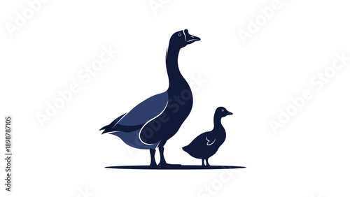A commercial vector silhouette of a goose and gosling, stretching their necks in European wetlands