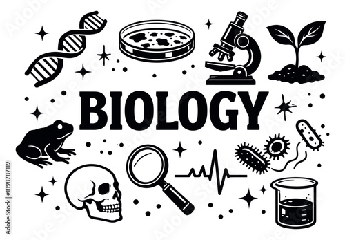 Hand drawn biology set featuring DNA strand, microscope, plant seedling, frog, human skull, microbes, and laboratory equipment for education and research