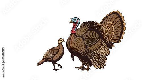 A commercial vector silhouette of a turkey and poult, standing alert in American woodland