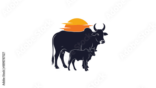 A commercial vector silhouette of a Zebu cow and calf, in a watchful stance in India